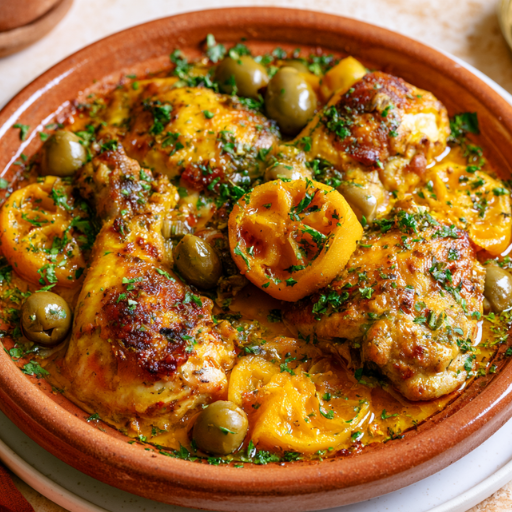 Tajine de poulet aux olives et citrons confits
