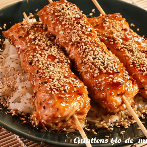 Brochettes de saumon, miel & sésame