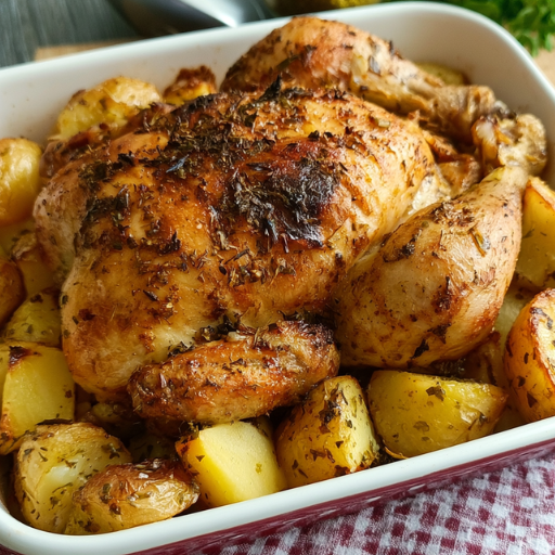 Poulet au four aux herbes sur lit de pommes de terre
